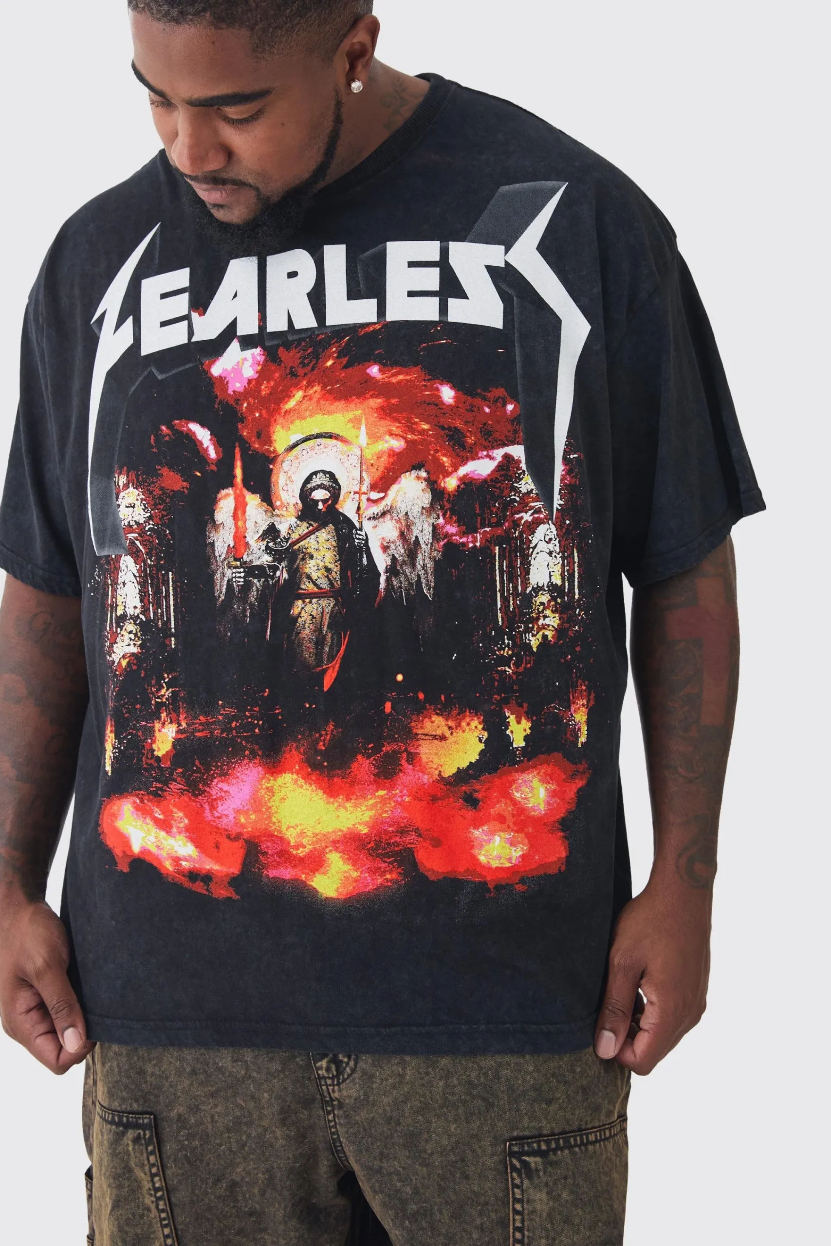 Plus Fearless Print Oversized Washed T-shirt In | UK^boohooMAN New