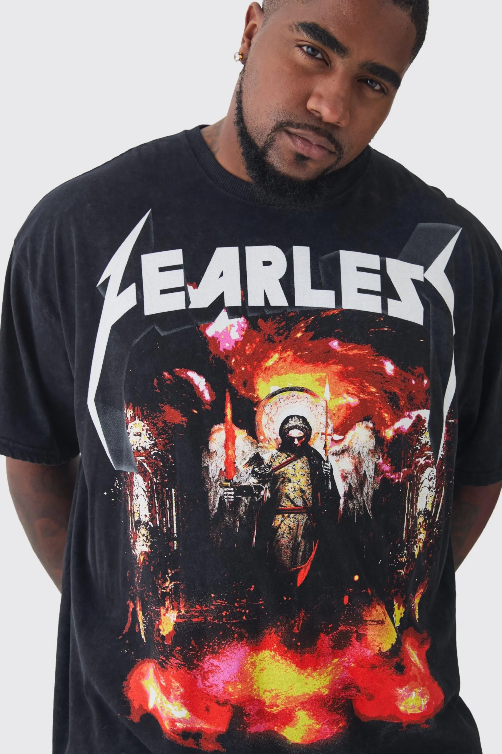Plus Fearless Print Oversized Washed T-shirt In | UK^boohooMAN New