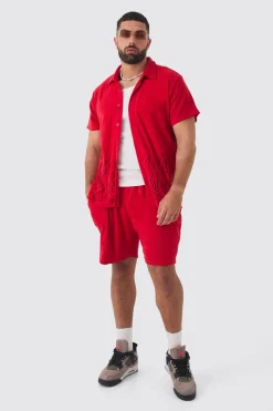 boohooMAN Plus Flame Embroide Towelling Shirt & Short Set | UK| Tracksuits