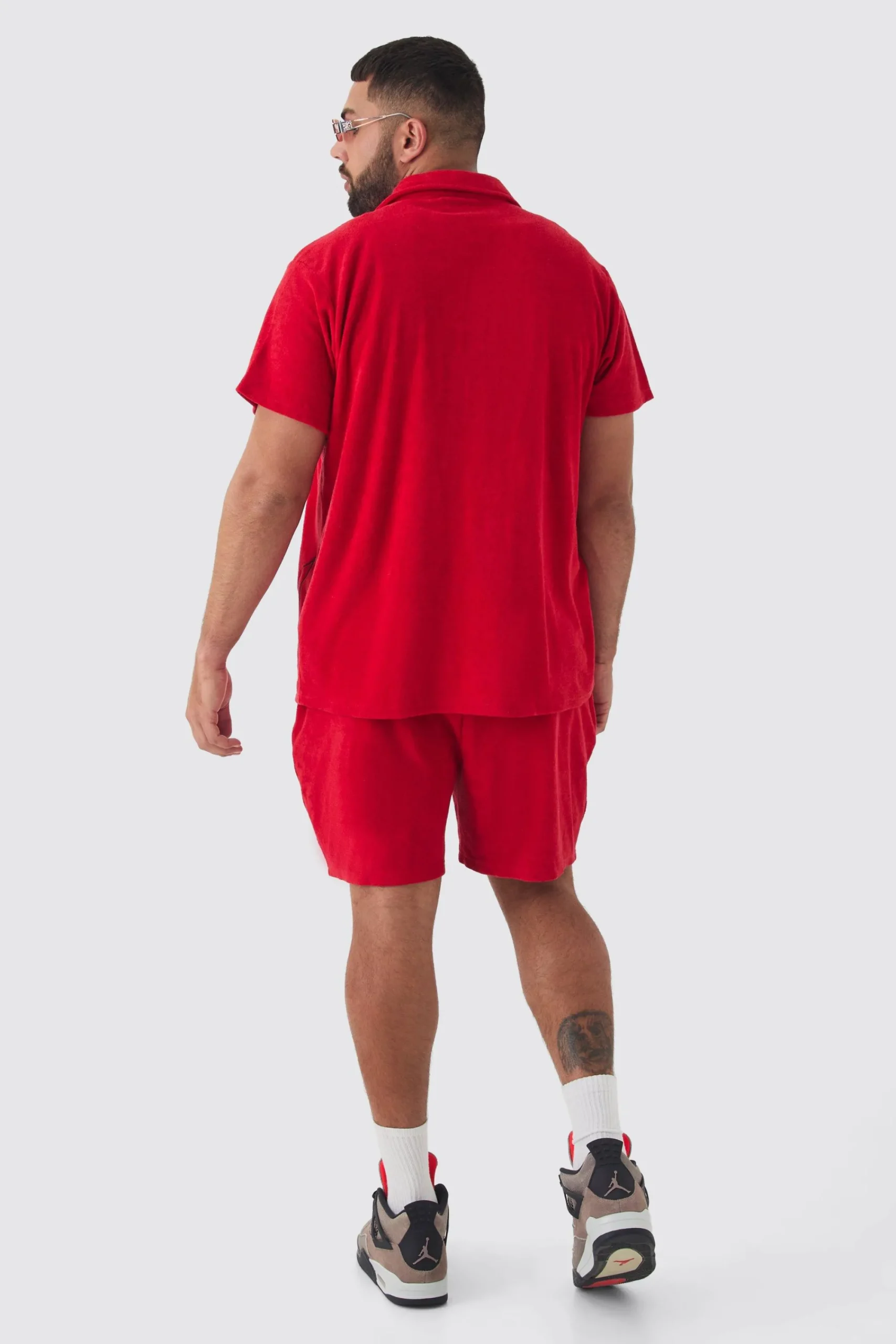 boohooMAN Plus Flame Embroide Towelling Shirt & Short Set | UK| Tracksuits