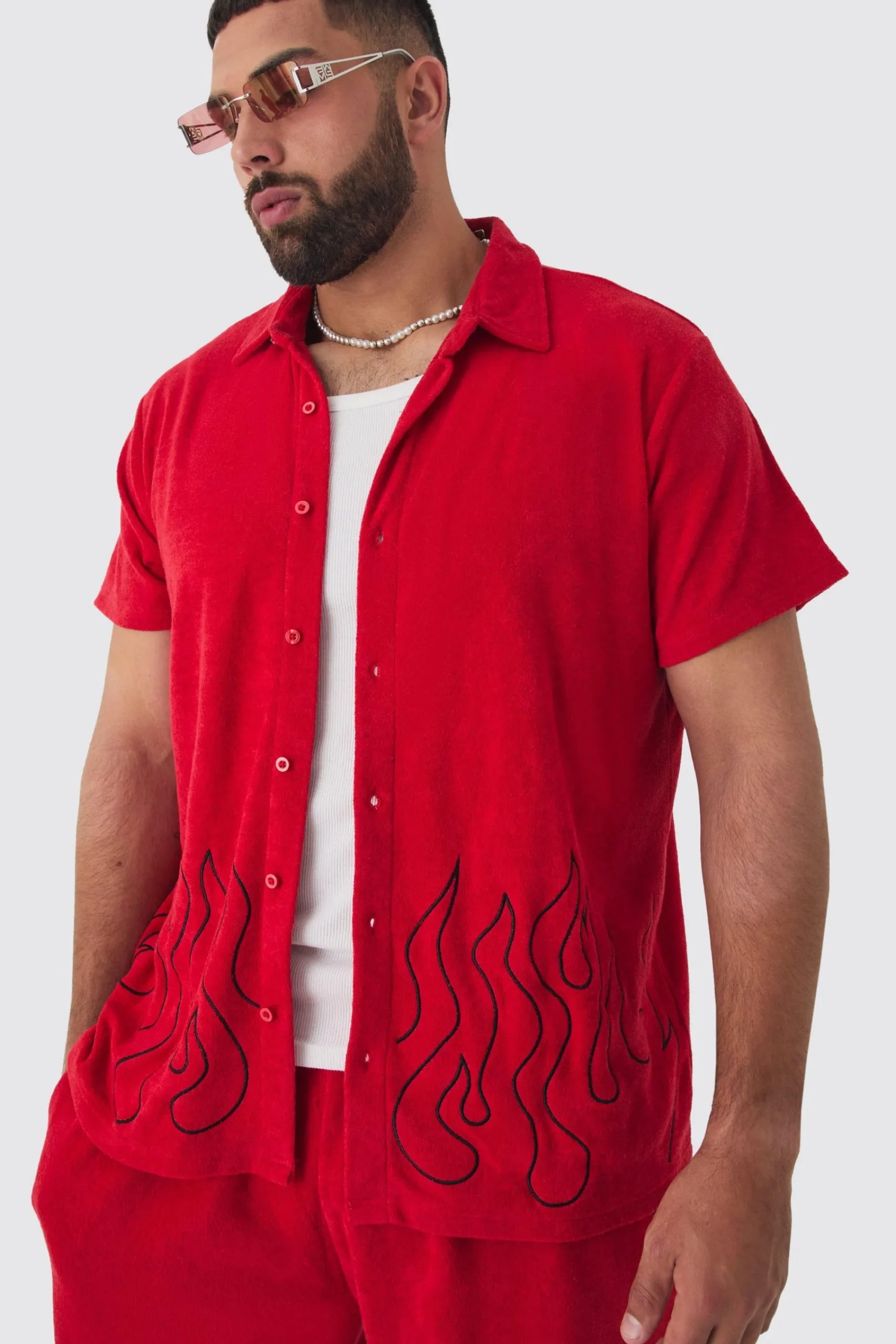 boohooMAN Plus Flame Embroide Towelling Shirt & Short Set | UK| Tracksuits