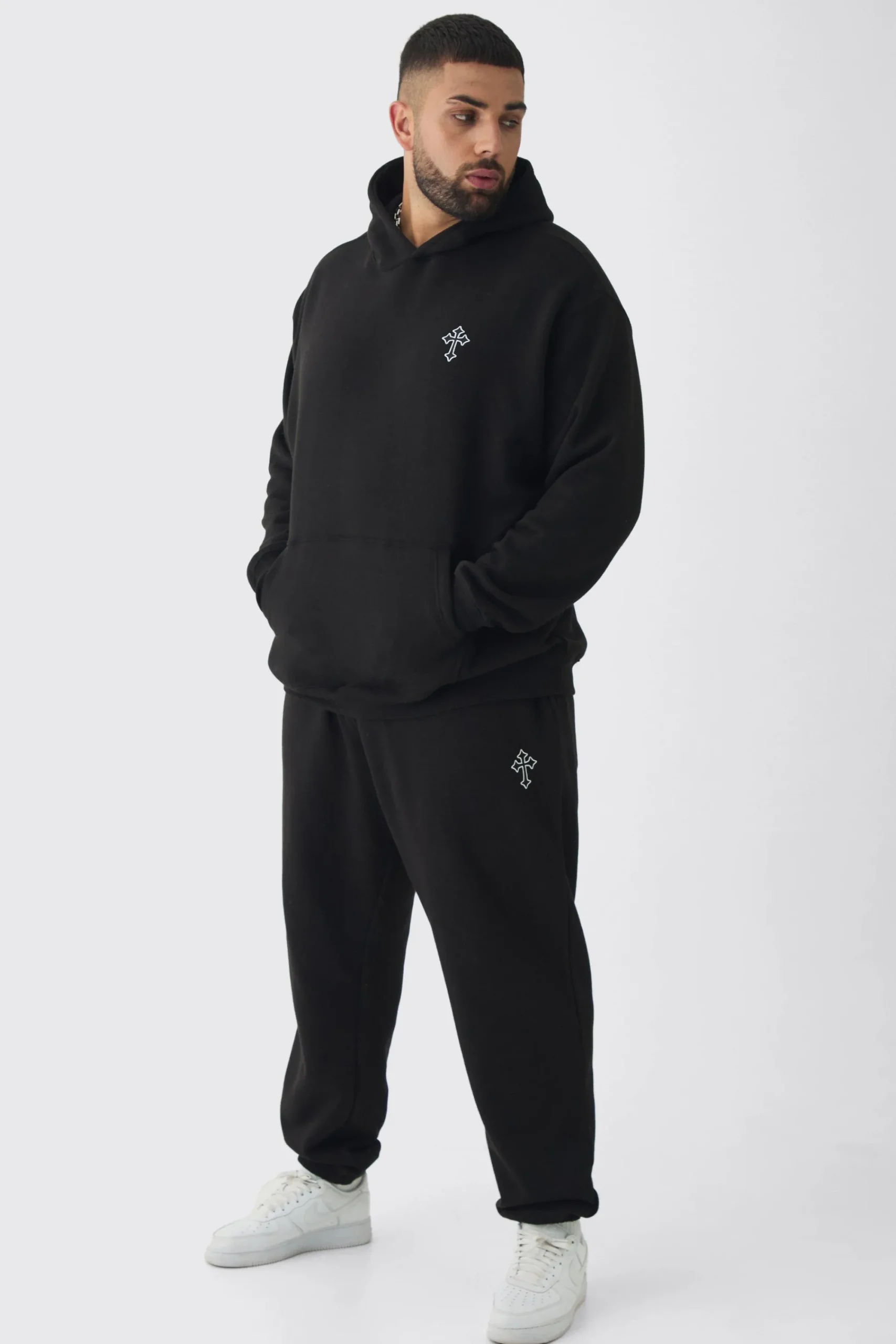 boohooMAN Plus Gothic Cross Embroidered Hooded Tracksuit | UK| Tracksuits
