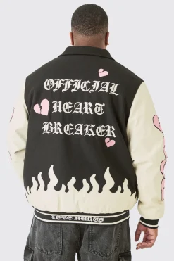 boohooMAN Plus Heart Breaker Badge PU Sleeve Bomber | UK| Coats & Jackets