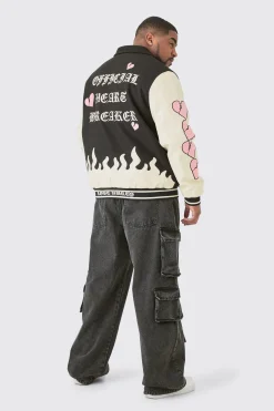 boohooMAN Plus Heart Breaker Badge PU Sleeve Bomber | UK| Coats & Jackets