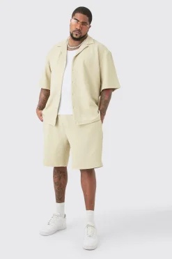 boohooMAN Plus Herringbone Detail Shirt & Short Set In | UK| Sets & Co-Ords