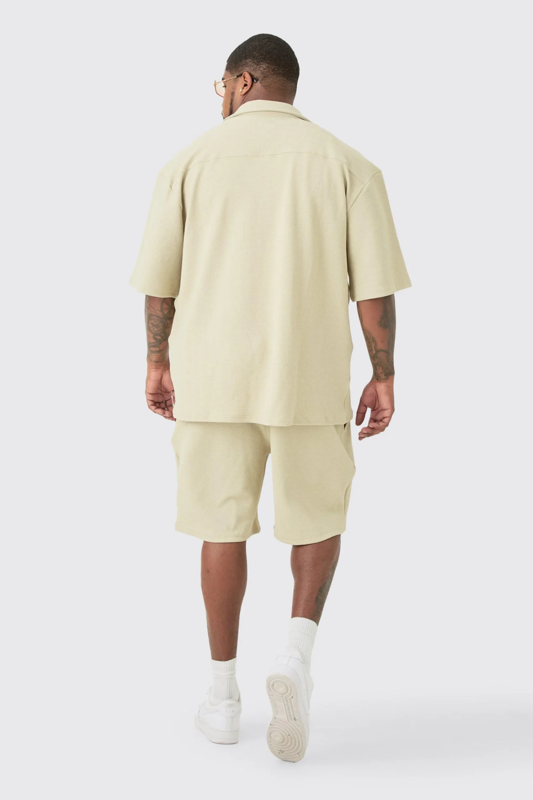 boohooMAN Plus Herringbone Detail Shirt & Short Set In | UK| Sets & Co-Ords