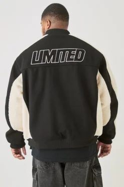 boohooMAN Plus Limited Applique Borg And Melton Bomber Jacket In | UK| Coats & Jackets