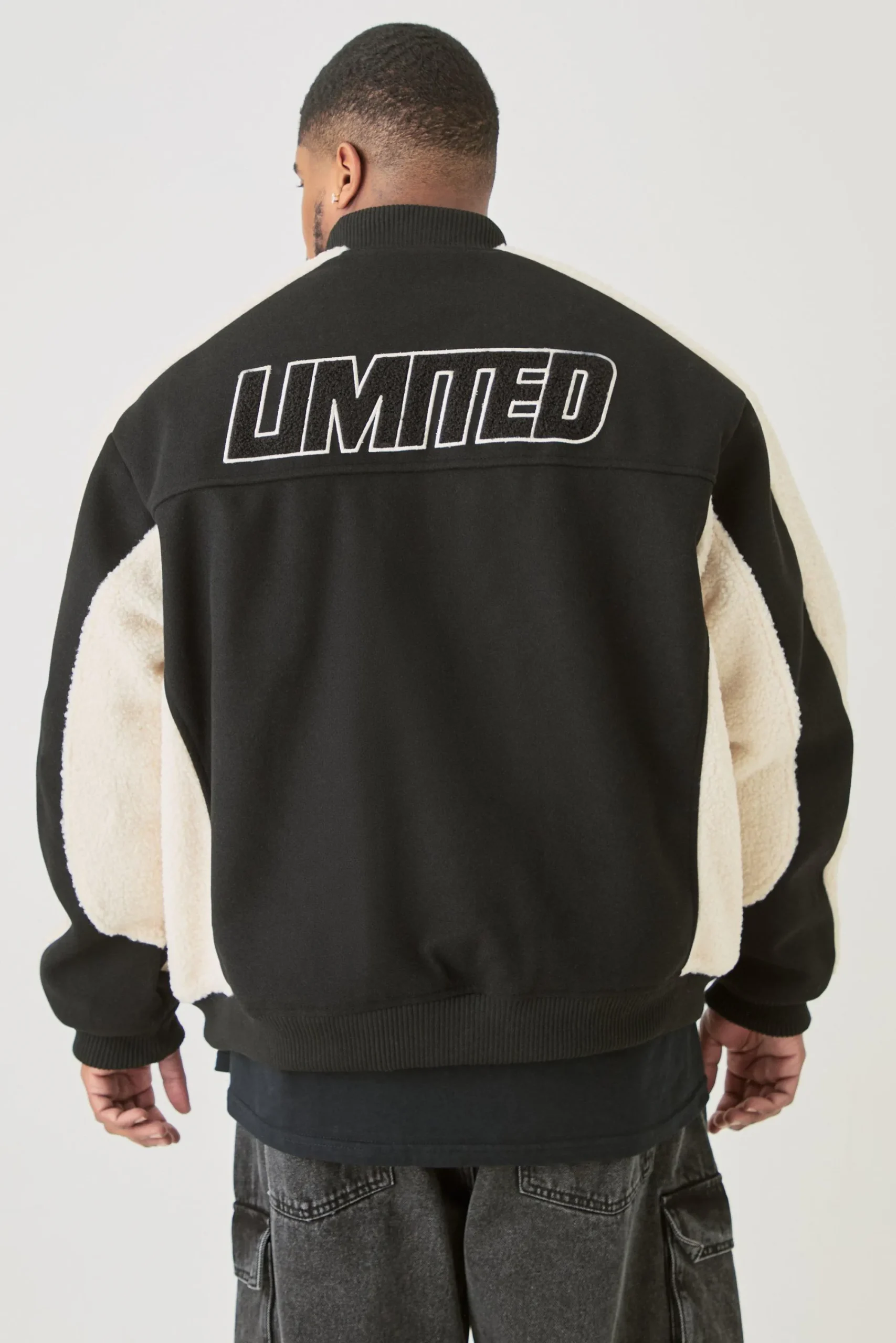 boohooMAN Plus Limited Applique Borg And Melton Bomber Jacket In | UK| Coats & Jackets