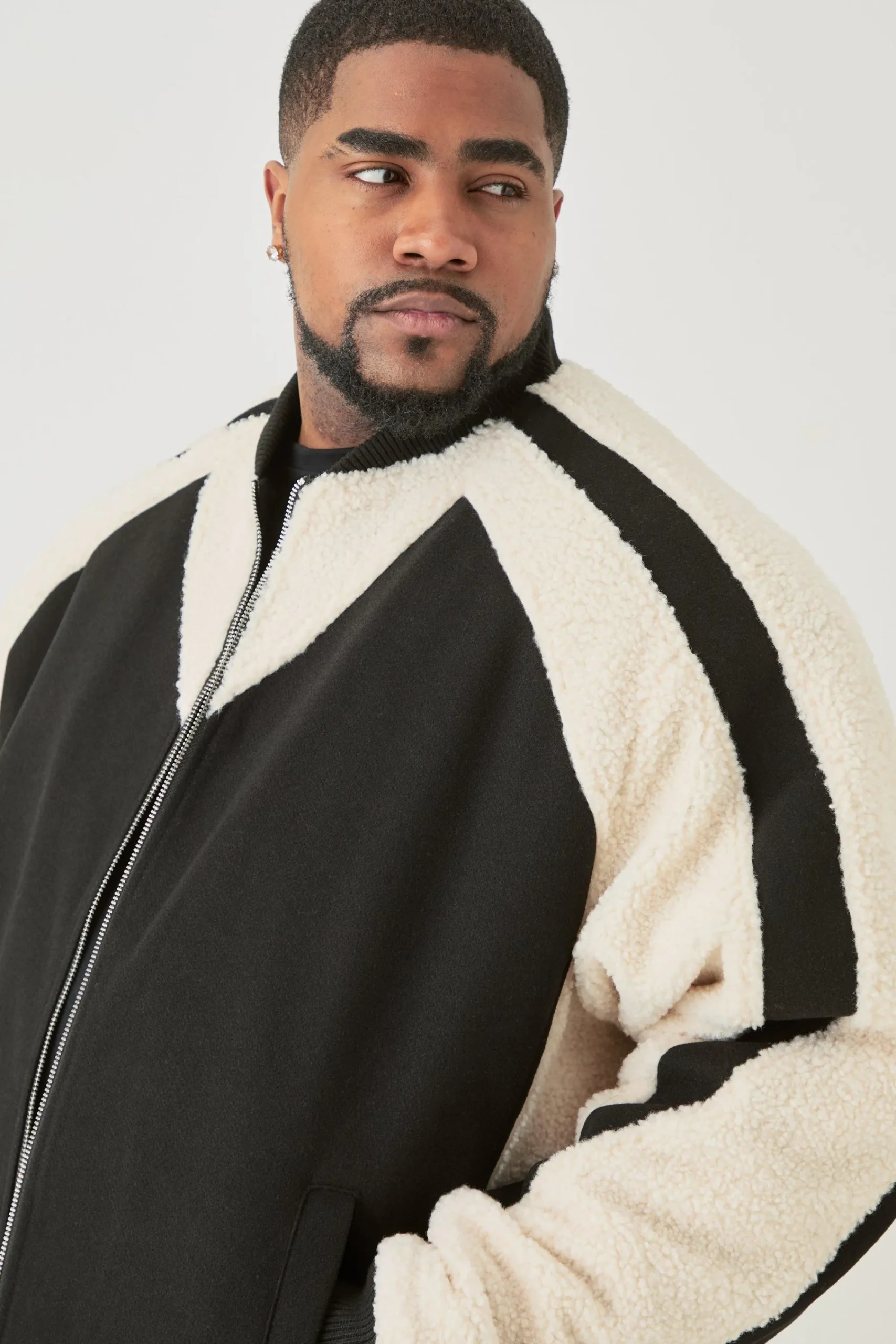 boohooMAN Plus Limited Applique Borg And Melton Bomber Jacket In | UK| Coats & Jackets