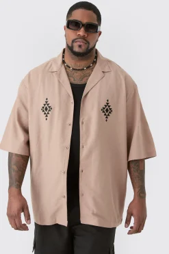 boohooMAN Plus Linen Embroidered Drop Revere Shirt In | UK| Shirts