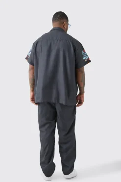 boohooMAN Plus Linen Look Floral Hem Shirt & Trouser Set | UK| Sets & Co-Ords|Tracksuits