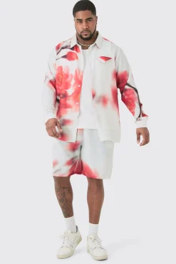 boohooMAN Plus Linen Look Pocket Detail Abstract Shirt & Short Set | UK| Sets & Co-Ords