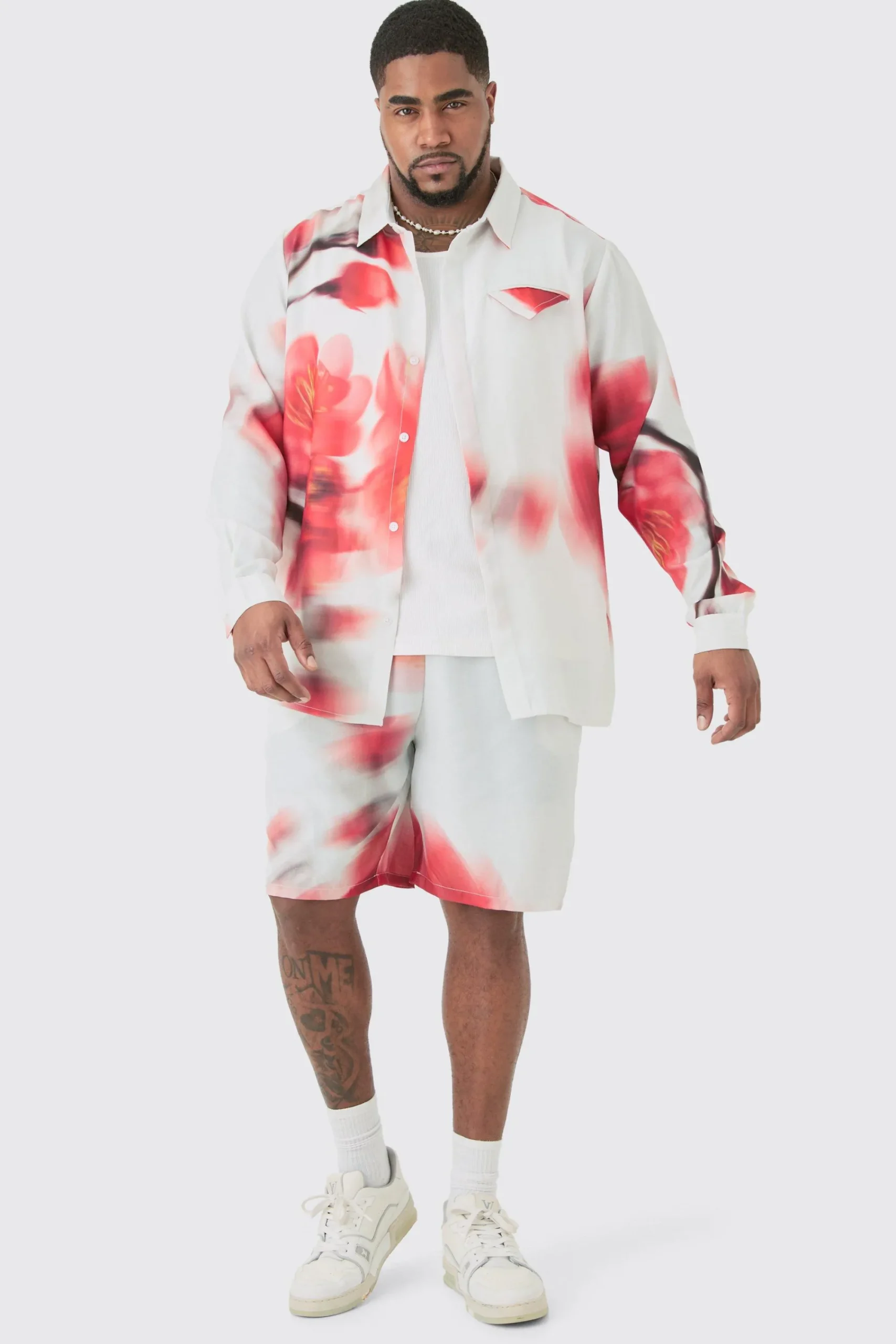 boohooMAN Plus Linen Look Pocket Detail Abstract Shirt & Short Set | UK| Sets & Co-Ords