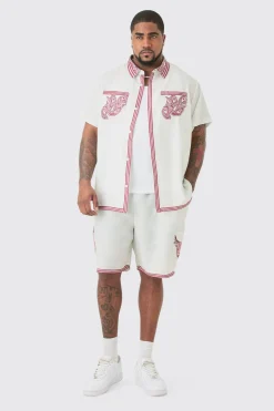 boohooMAN Plus Linen Look Printed Boarder Shirt & Short Set | UK| Sets & Co-Ords