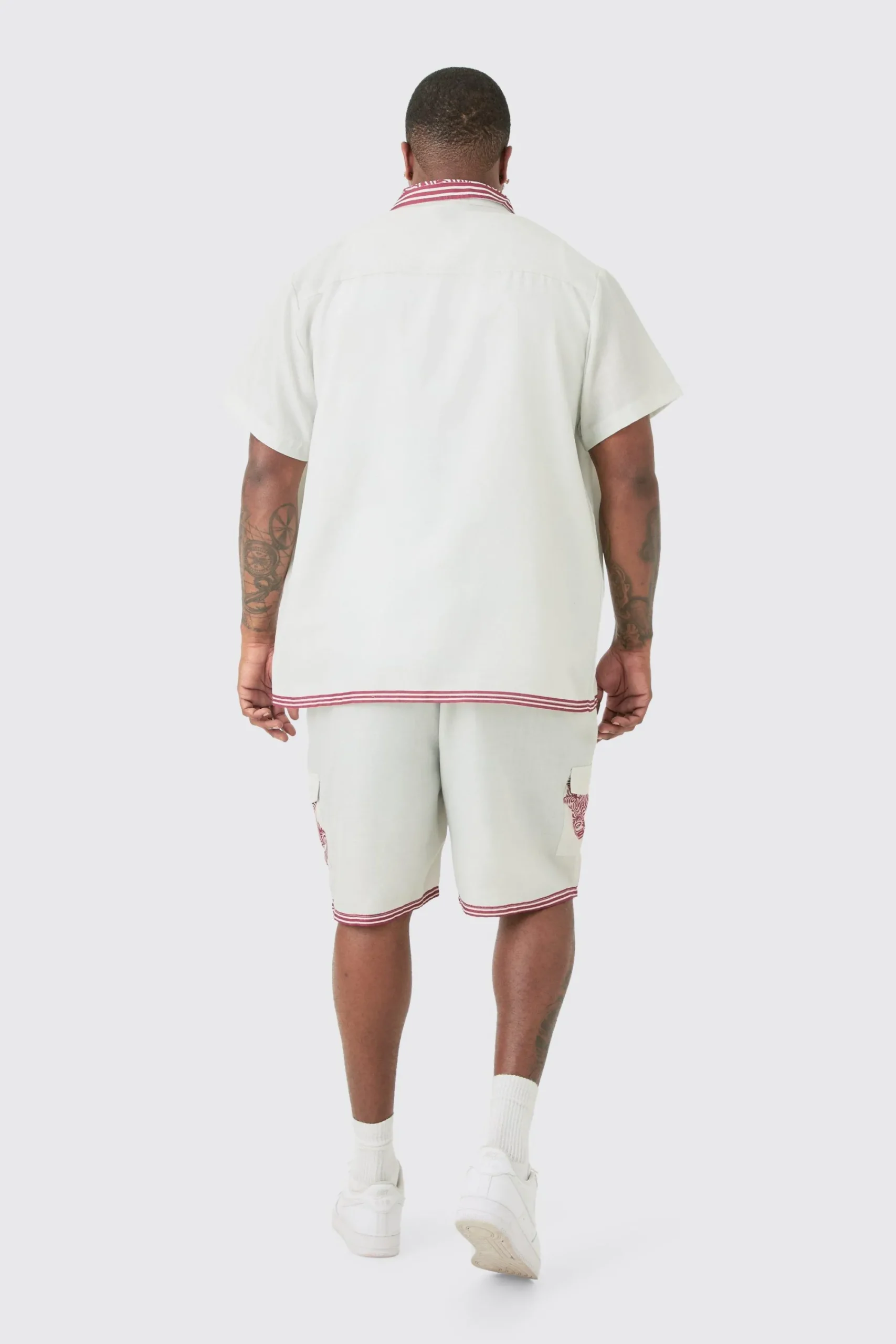 boohooMAN Plus Linen Look Printed Boarder Shirt & Short Set | UK| Sets & Co-Ords