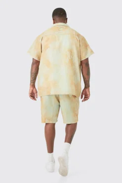boohooMAN Plus Linen Look Tie Dye Paisley Embroidered Shirt & Short Set | UK| Sets & Co-Ords