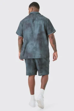 boohooMAN Plus Linen Look Tie Dye Paisley Embroidered Shirt & Short Set | UK| Sets & Co-Ords