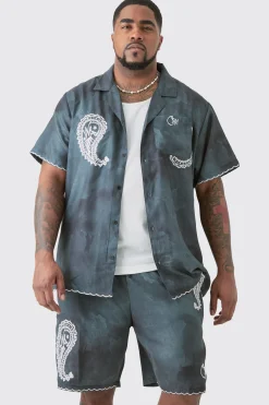 boohooMAN Plus Linen Look Tie Dye Paisley Embroidered Shirt & Short Set | UK| Sets & Co-Ords