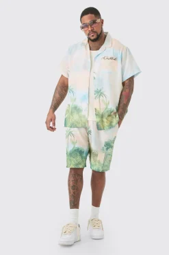 boohooMAN Plus Linen Look Watercolour Landscape Shirt & Short Set | UK| Sets & Co-Ords