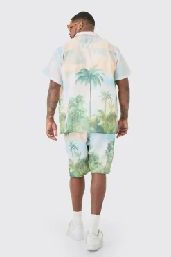 boohooMAN Plus Linen Look Watercolour Landscape Shirt & Short Set | UK| Sets & Co-Ords