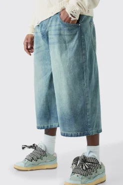 boohooMAN Plus Long Line Denim Jorts In Wash | UK| Trousers|Shorts