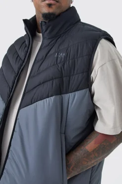 boohooMAN Plus Man Colour Block Quilted Funnel Neck Gilet | UK| Coats & Jackets