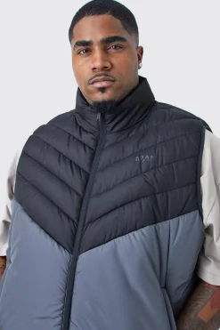 boohooMAN Plus Man Colour Block Quilted Funnel Neck Gilet | UK| Coats & Jackets