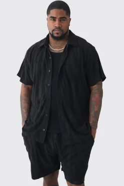 boohooMAN Plus Man Embossed Towelling Shirt & Short Set | UK| Tracksuits