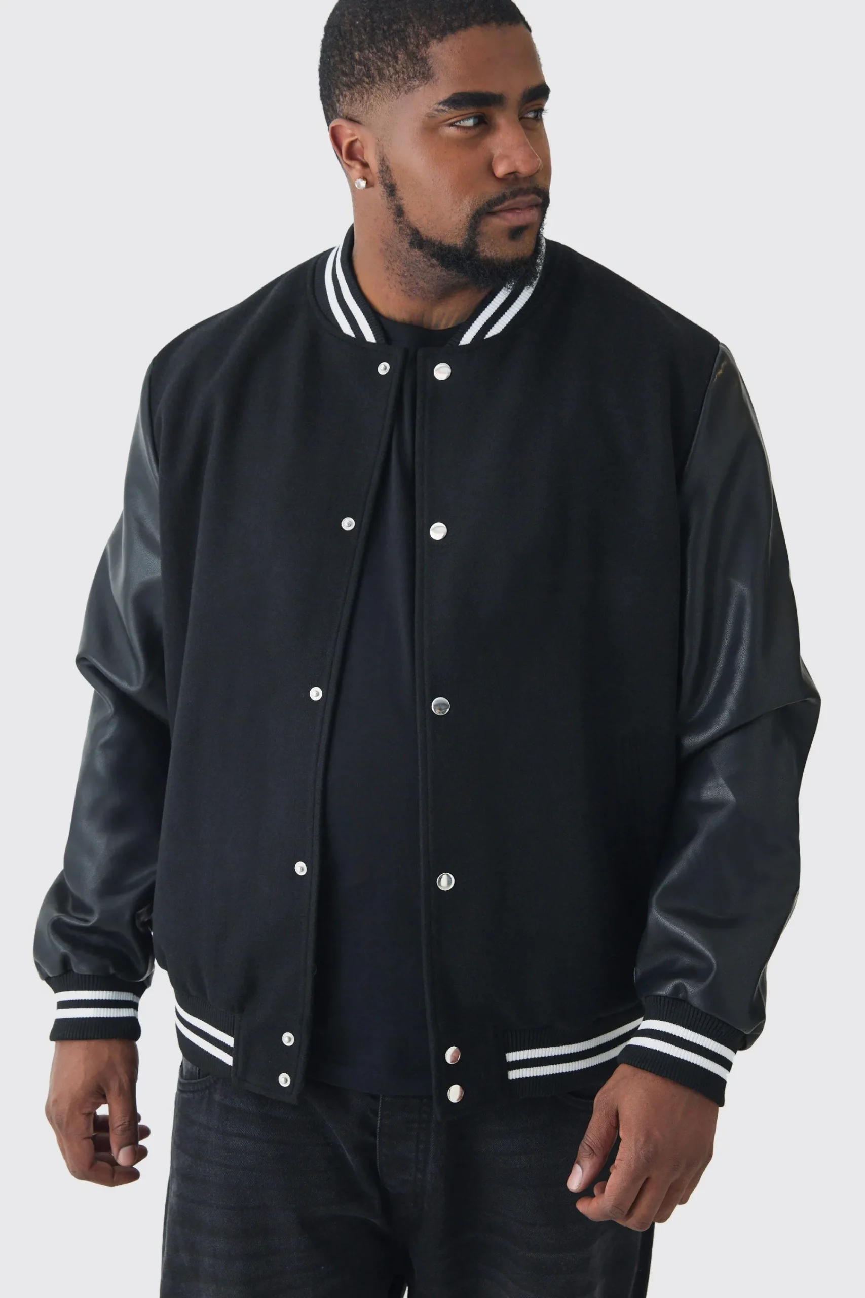 boohooMAN Plus Melton And PU Sleeve Varsity Jacket In | UK| Coats & Jackets