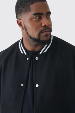 boohooMAN Plus Melton And PU Sleeve Varsity Jacket In | UK| Coats & Jackets