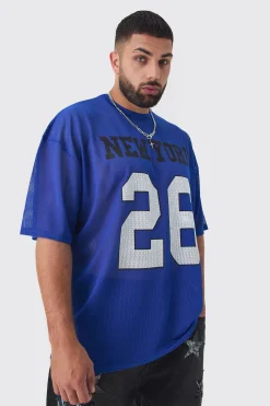 Plus New York Printed Mesh Varsity T-shirt In Blue | UK^boohooMAN New