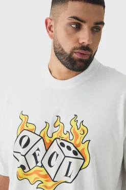 Plus OFCL Flame Dice Printed Extended Neck T-Shirt | UK^boohooMAN Best