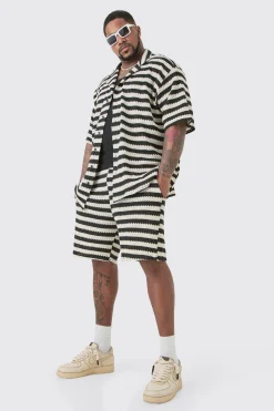boohooMAN Plus Open Weave Oversized Shirt & Short Set | UK| Sets & Co-Ords