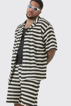 boohooMAN Plus Open Weave Oversized Shirt & Short Set | UK| Sets & Co-Ords