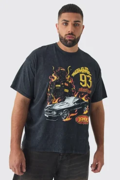 Plus Oversized Acid Washed Moto Print T-Shirt | UK^boohooMAN Best