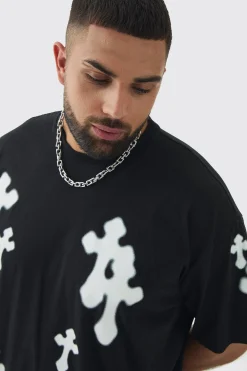 Plus Oversized Airbrush Cross Print T-Shirt | UK^boohooMAN New