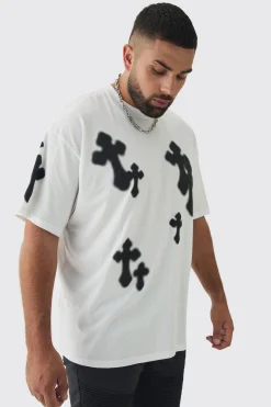 Plus Oversized Airbrush Cross Print T-Shirt | UK^boohooMAN Outlet