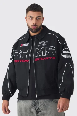 boohooMAN Plus Oversized Badge Twill Moto Jacket In | UK| Coats & Jackets