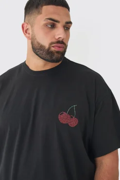 Plus Oversized Cherry Rhinestone Printed T-Shirt In | UK^boohooMAN Clearance