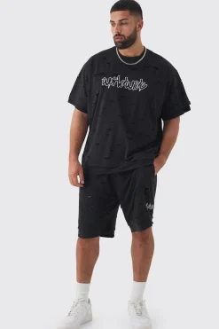 boohooMAN Plus Oversized Distressed Double Layer Worldwide T-Shirt & Short Set | UK| Sets & Co-Ords|Tracksuits