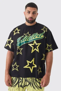 Plus Oversized Extended Neck Limited Star Print T-shirt | UK^boohooMAN New