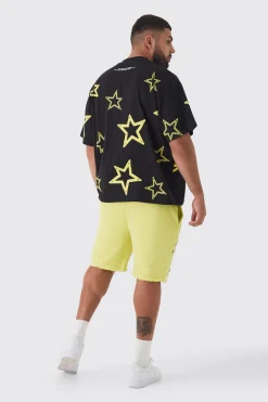 Plus Oversized Extended Neck Limited Star Print T-shirt | UK^boohooMAN New