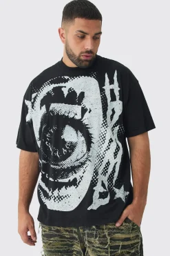 Plus Oversized Extended Neck Eye Large Scale Print T-Shirt | UK^boohooMAN