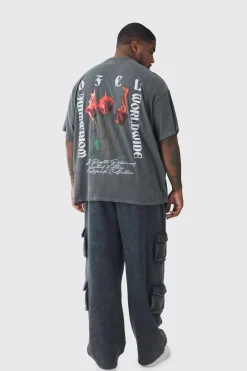 Plus Oversized Extended Neck Flame Rose Print Washed T-shirt | UK^boohooMAN Best