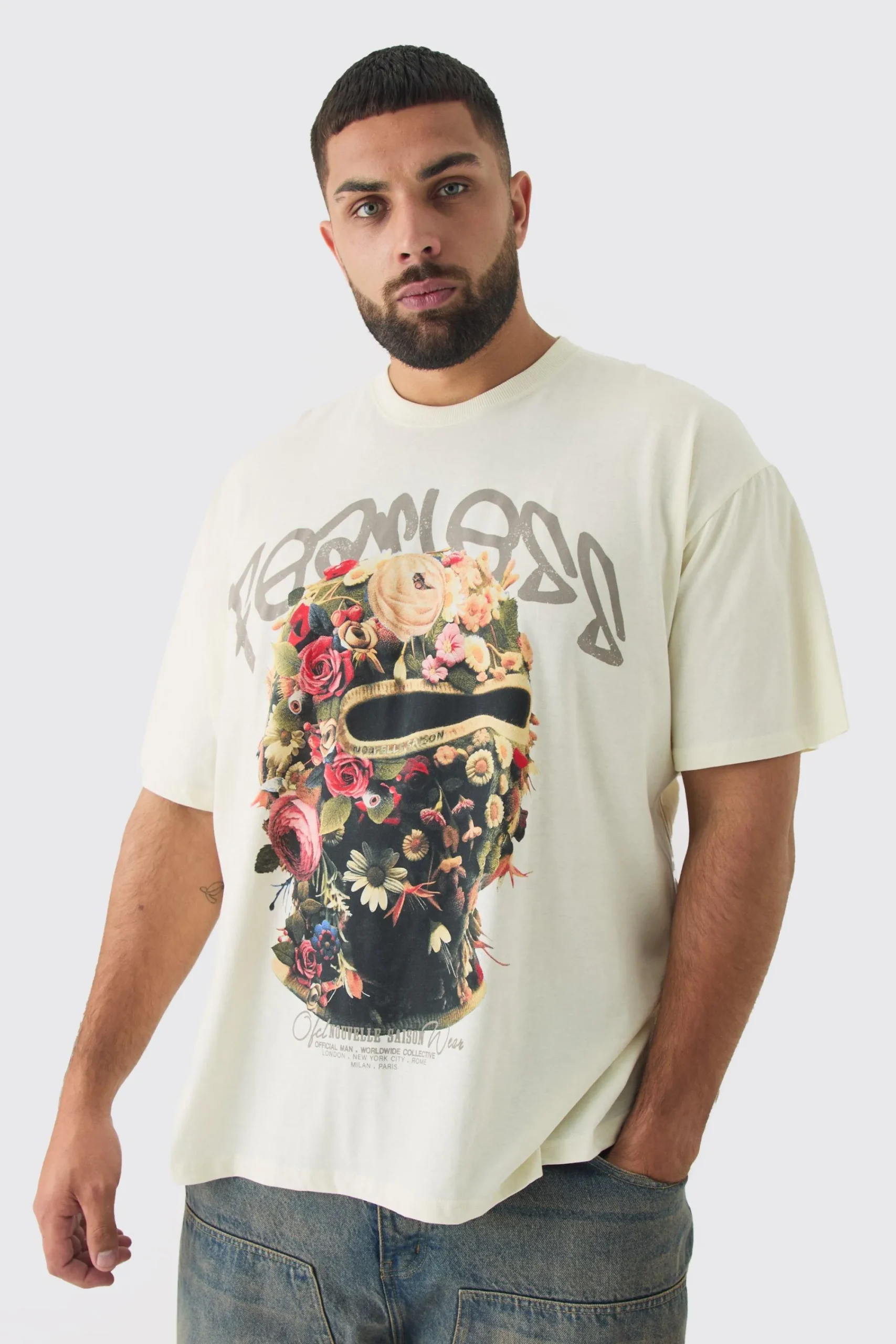 Plus Oversized Fearless Floral Balaclava T-shirt | UK^boohooMAN Discount