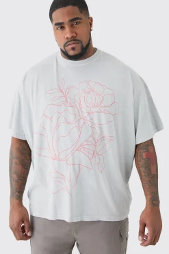 Plus Oversized Floral Stencil Print T-shirt In | UK^boohooMAN Clearance