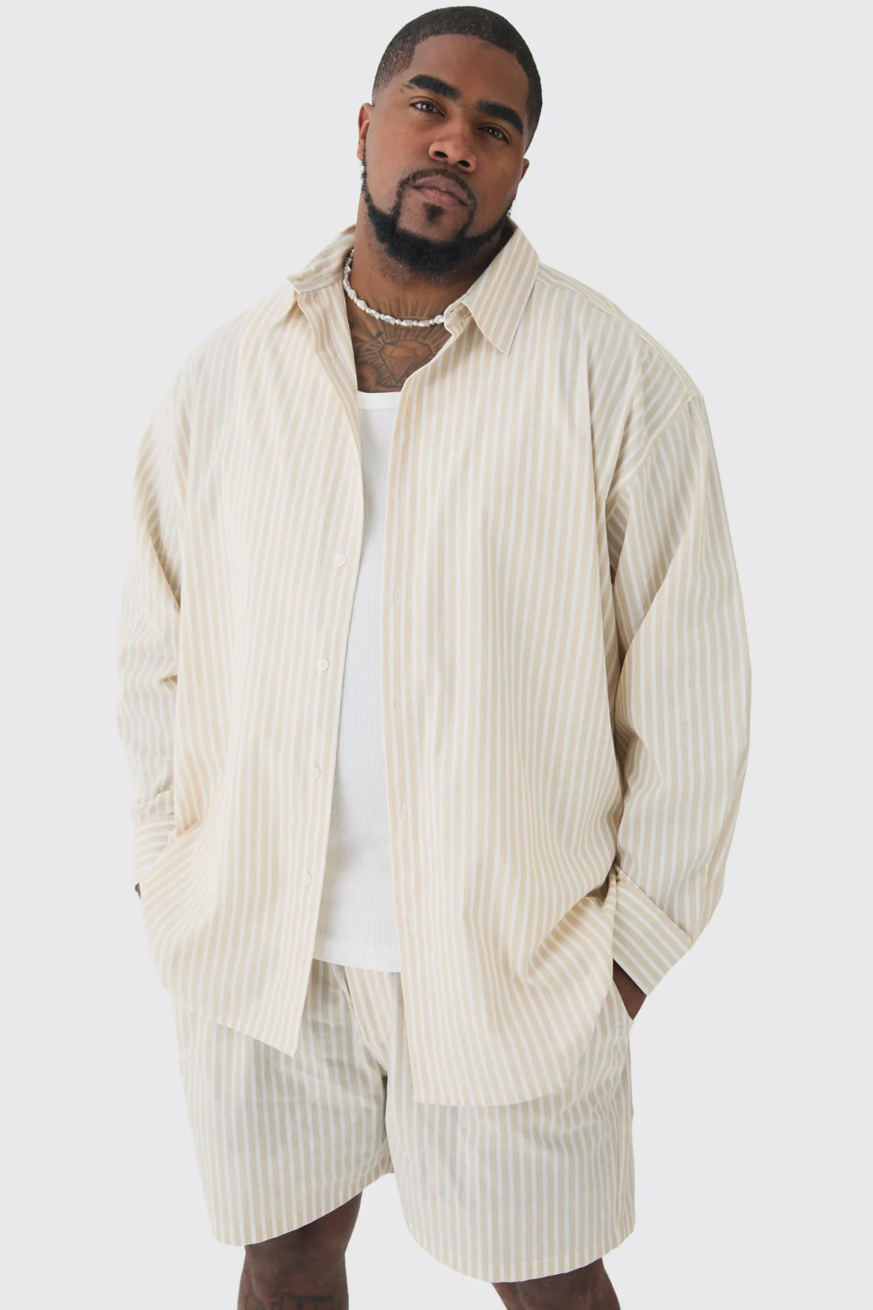 boohooMAN Plus Oversized Long Sleeve Striped Shirt Set In | UK| Sets & Co-Ords