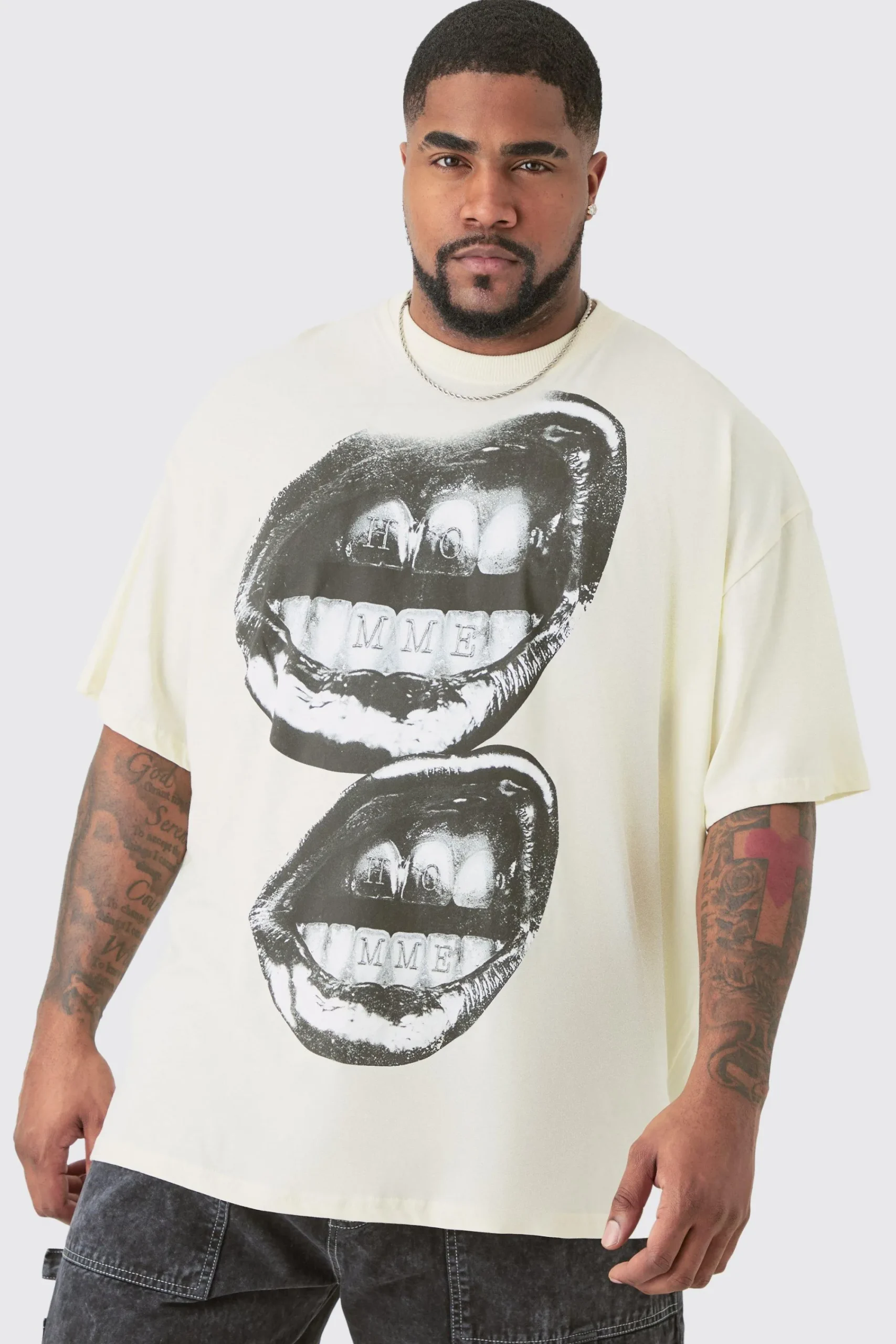Plus Oversized Metallic Homme Lips Print T-shirt In | UK^boohooMAN Clearance