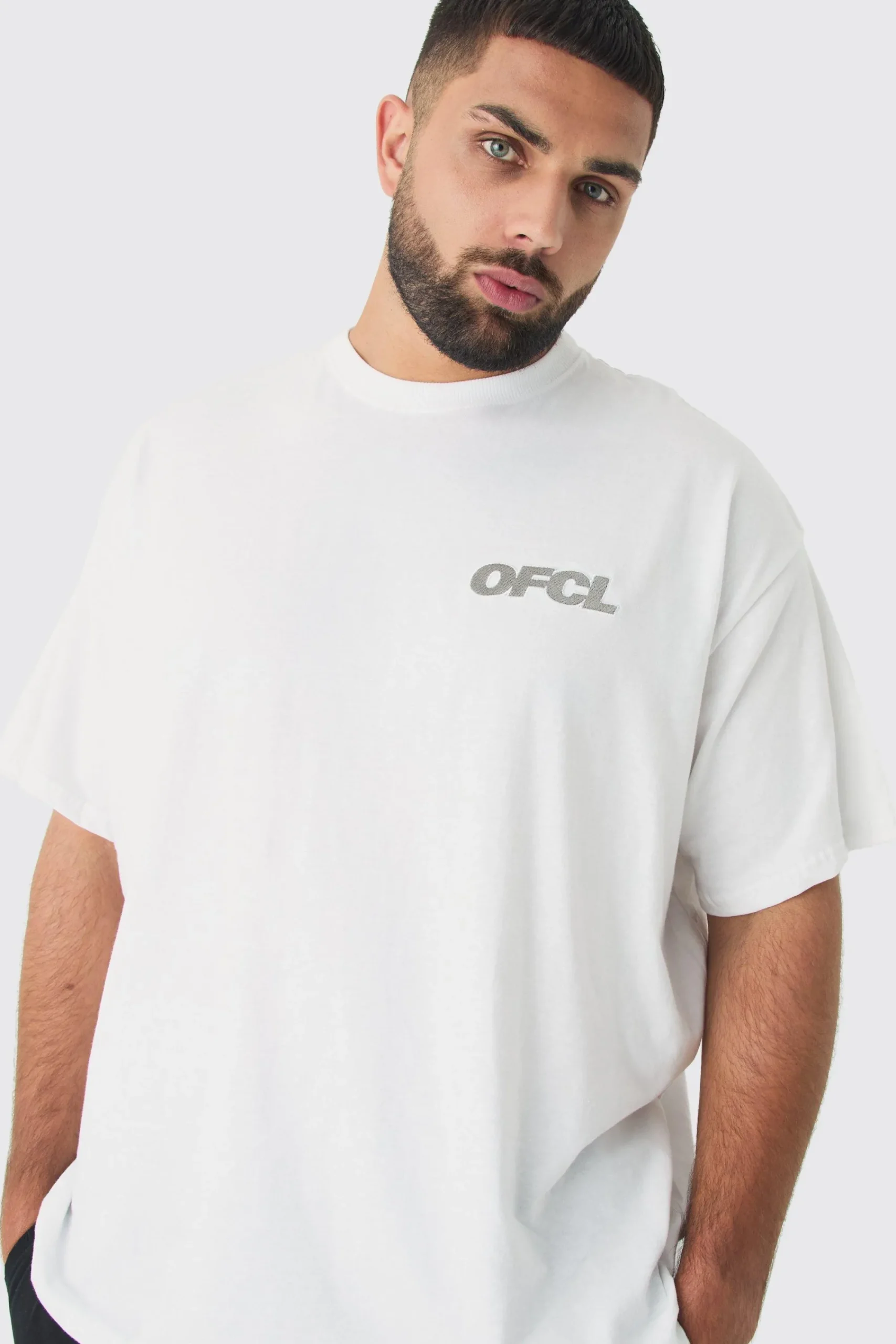 Plus Oversized OFCL Embroidered T-shirt In White | UK^boohooMAN
