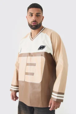 boohooMAN Plus Oversized PU Raglan Embroidered Varsity Shirt | UK| Hoodies & Sweatshirts